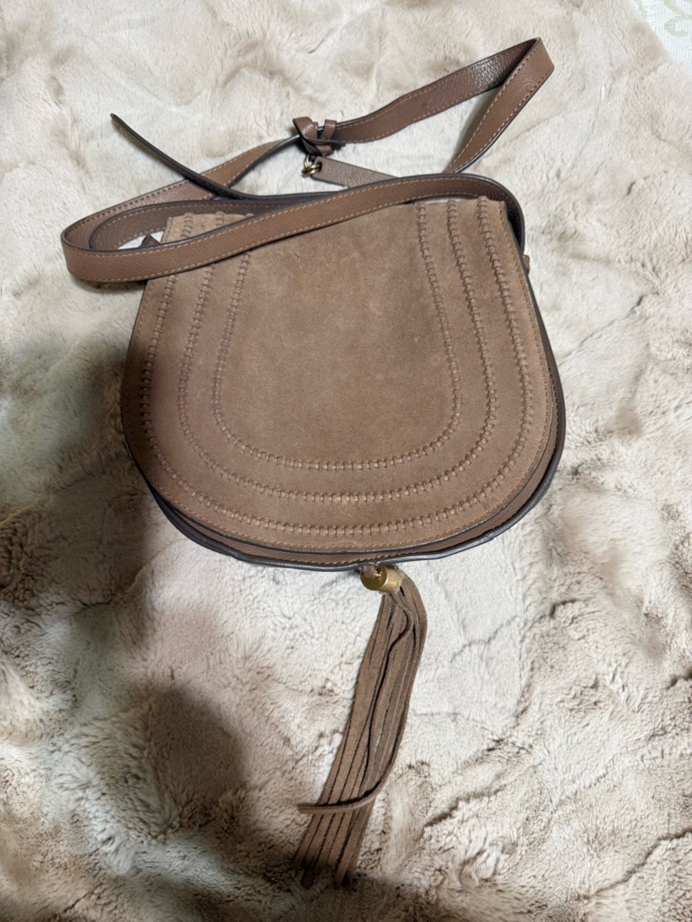 Vince Camuto Taupe Brown Suede Crossbody with Tassel